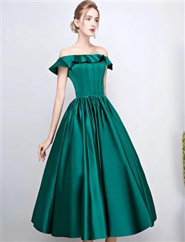 Picture of Green Satin Off Shoulder Prom Party Dresses, Green Homecoming Dresses